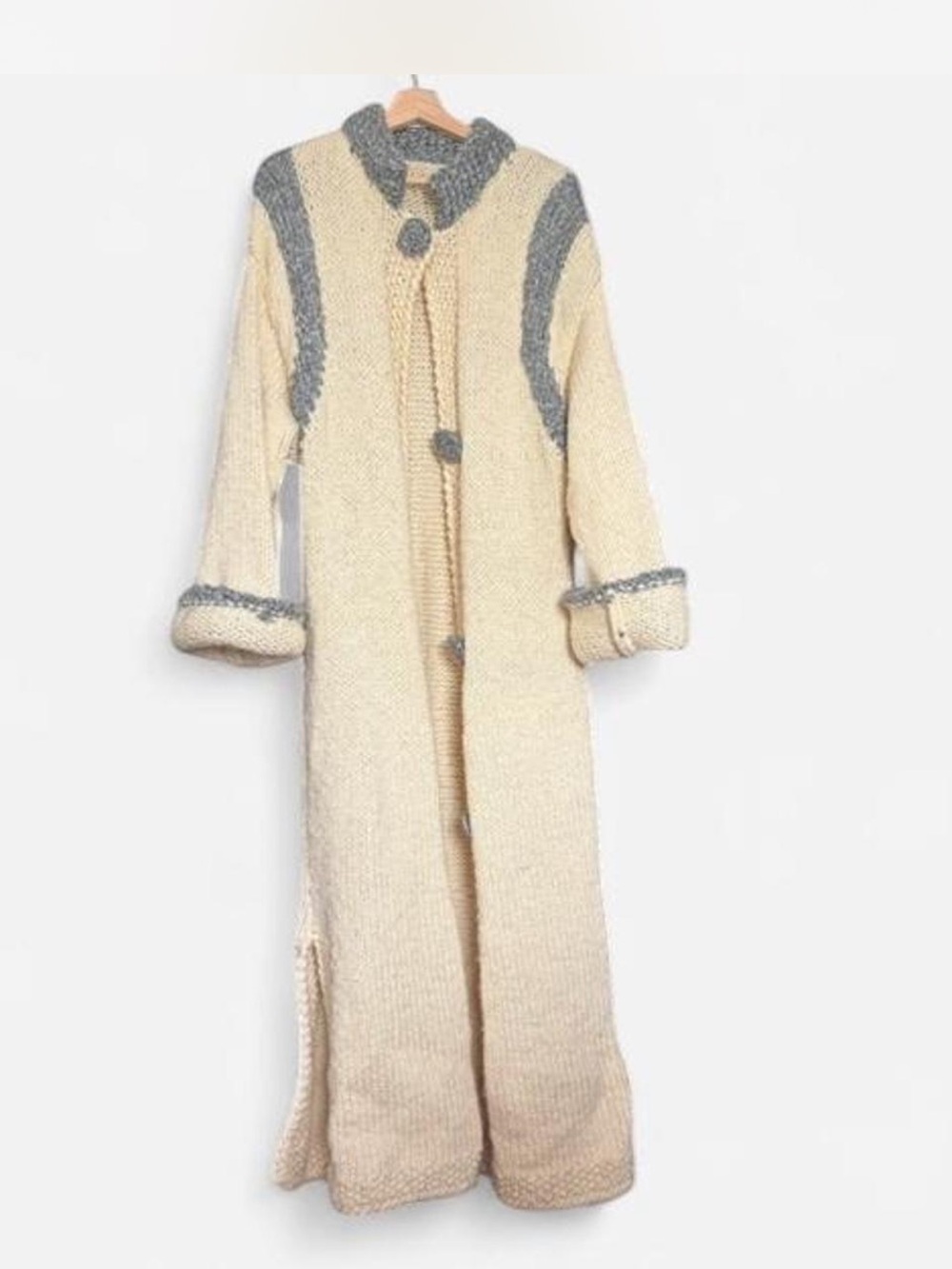 Handmade!!! Long Handknit Cream Coatigan with Gray Trim